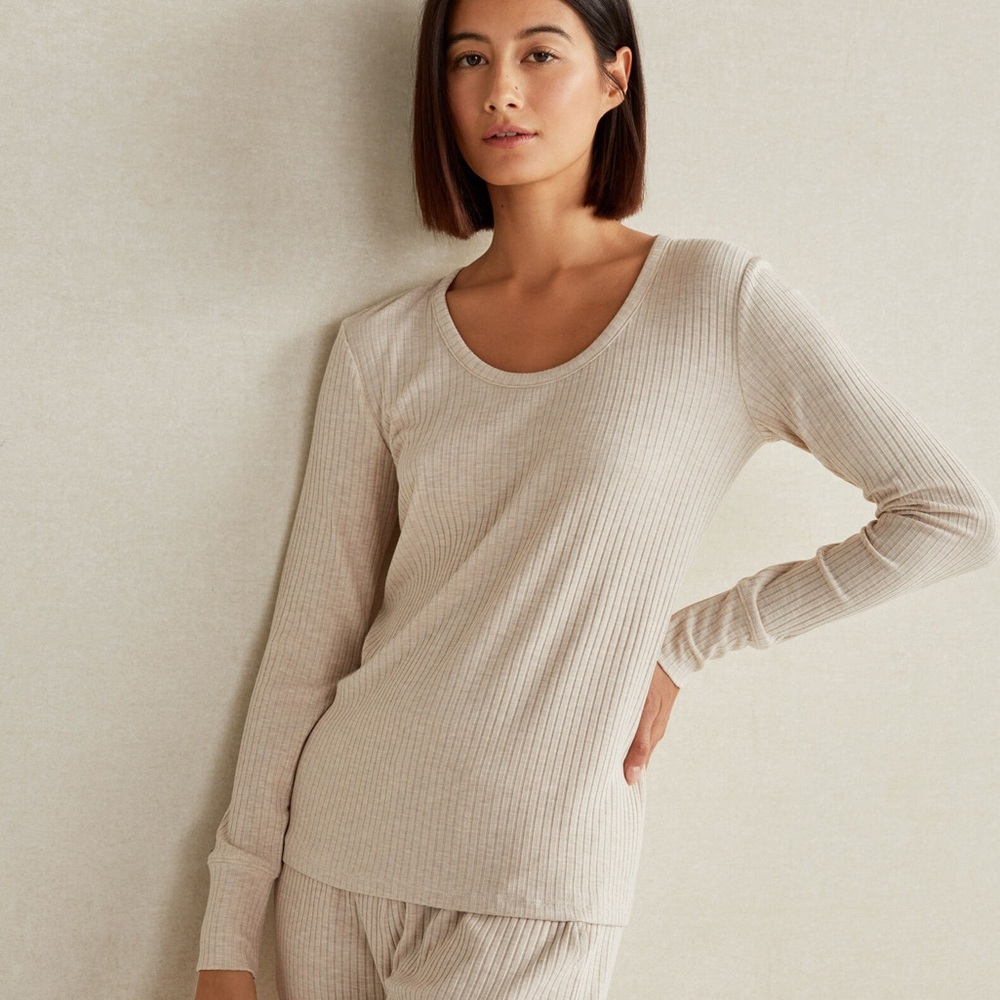 Haven Well Within Drapey Rib Knit Top in Fawn Heather Cream Beige Scoop Neck XL